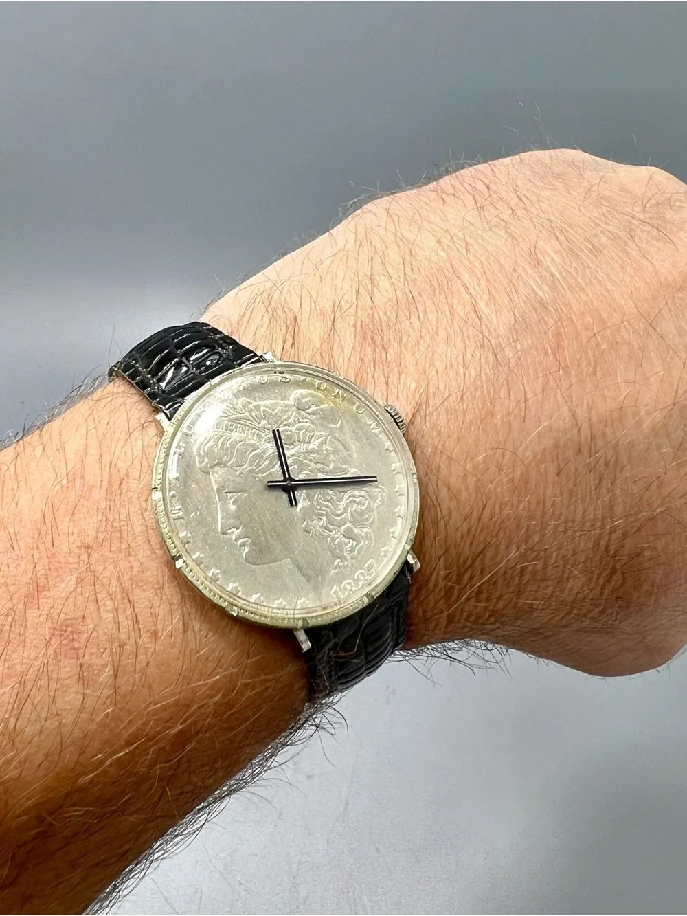 Vintage Le Jour Coin Face Men's Watch with Black Leather Strap